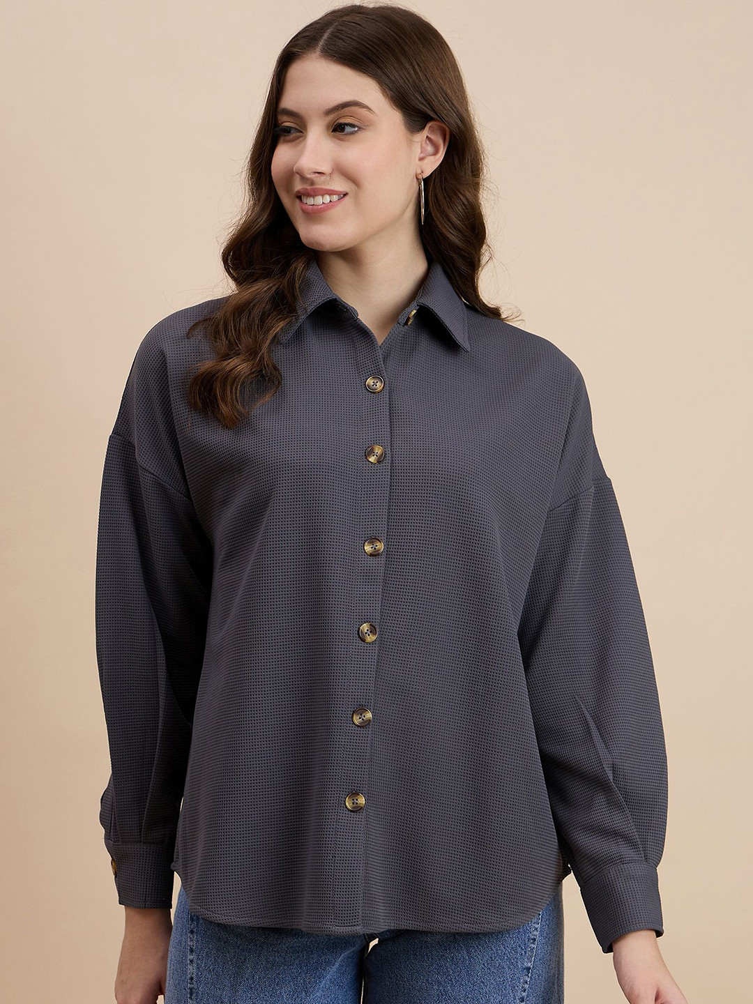 DRAPE AND DAZZLE Women Spread Collar Solid Cotton Oversized Casual Shirt