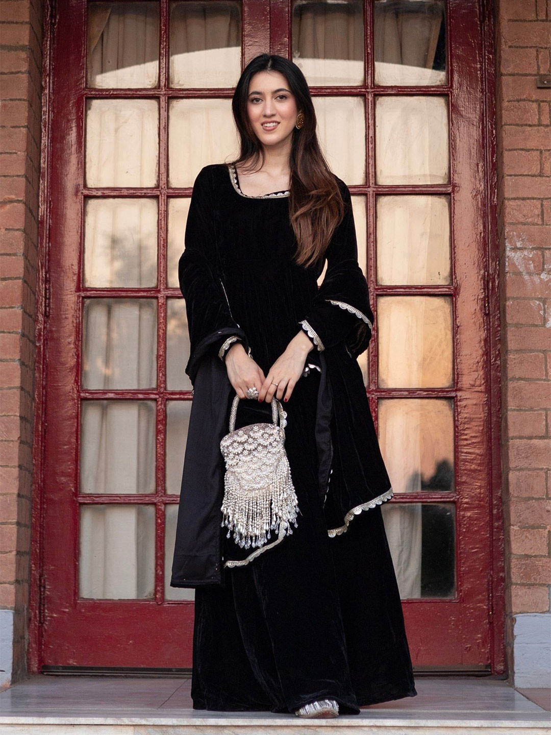 DIMPLE DESIGN STUDIO Round Neck Gotta Patti Velvet Kurta with Peplum Skirt & Dupatta