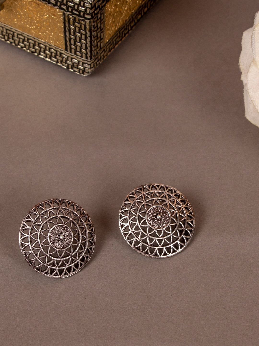 Sangria Silver-Plated Circle Shape Oxidized Earrings