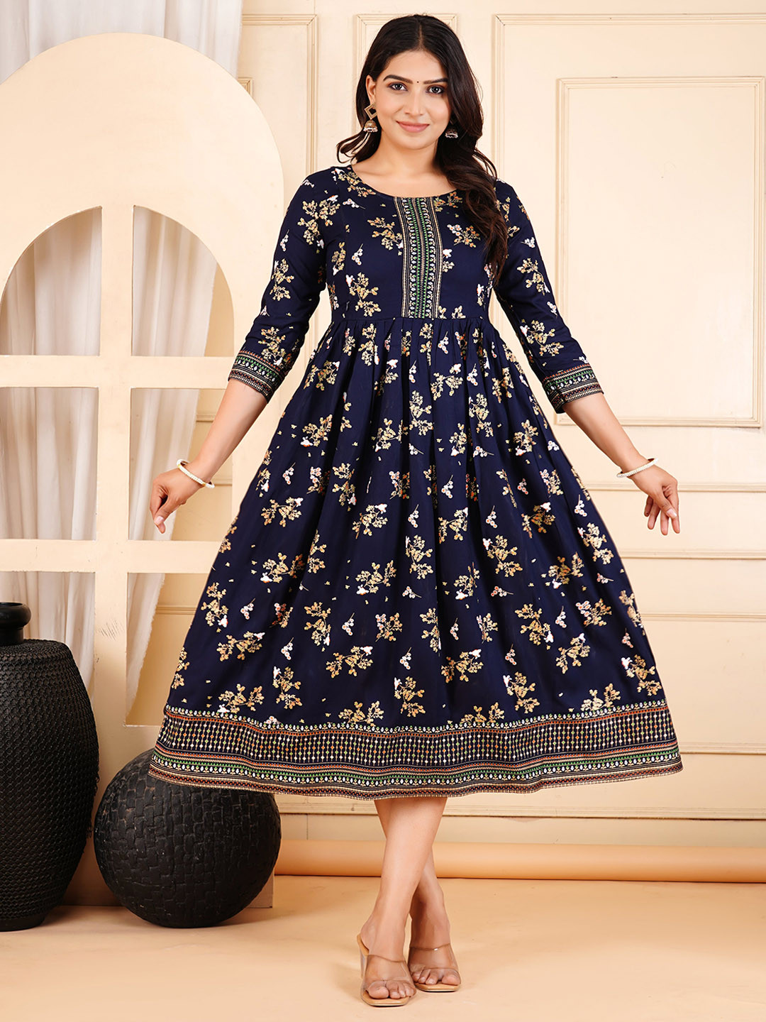 KIAARON Floral Printed Round Neck Maternity Anarkali Midi Ethnic Dress