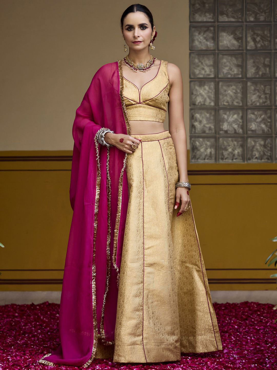 BAARO MASI Woven Design Sweat Heart Neck Zari Ready To Wear Lehenga Choli With Dupatta