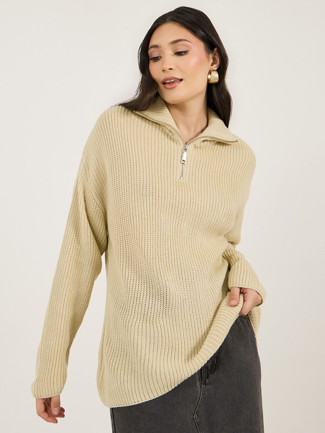 Styli Women Self Design Chucky Rib High Neck Half Zipper Oversized Pullover Sweater