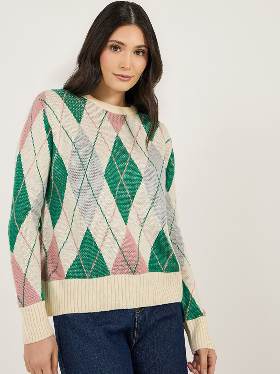Styli Women Vintage Argyle Multi Color Regular Fit  Pullover Sweater