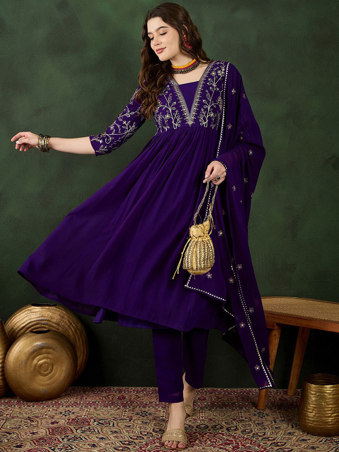 Sangria Purple Floral Embroidered Regular Sequinned Georgette Kurta & Trouser With Dupatta