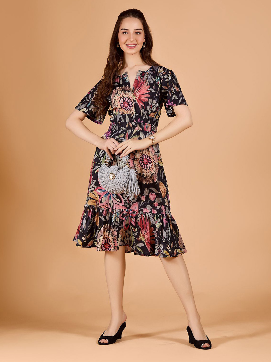Amarasha Women Floral Print Flared Sleeve Empire Dress