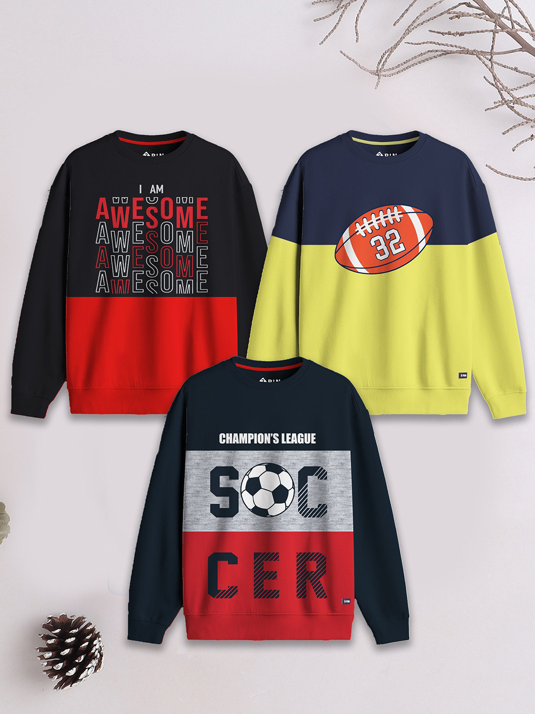 3PIN Boys Pack of 3 Printed Cotton Sweatshirt