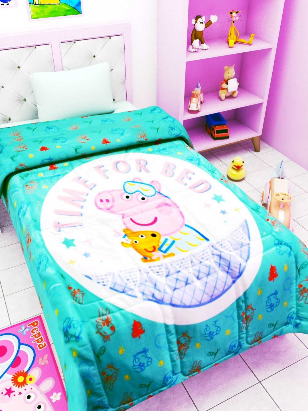 Athom Living Green & Pink Peppa Pig Printed  350 GSM Single Bed Blanket