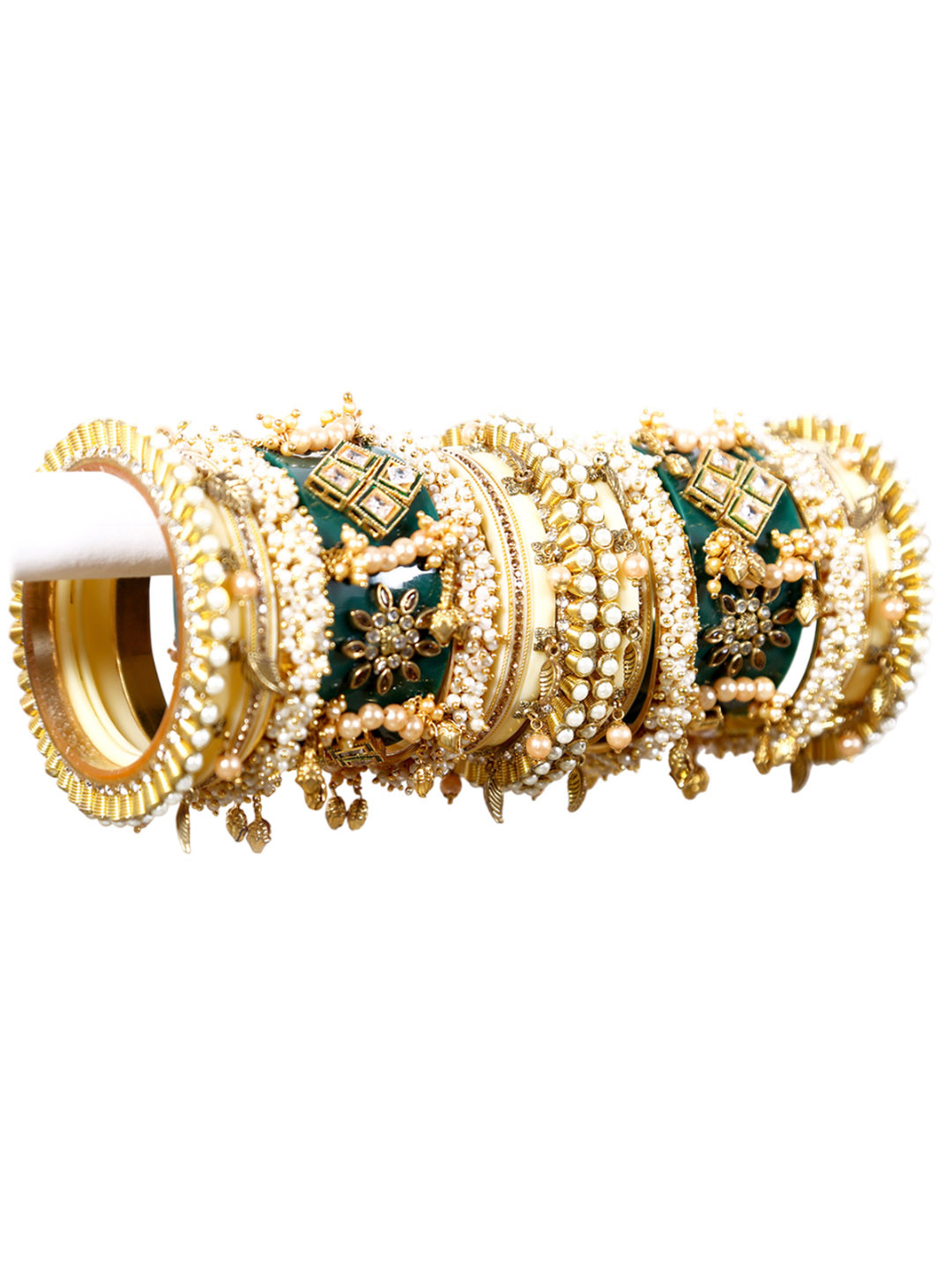 Zindura Set of 2 Gold Plated Stones Studded & Pearls Beaded Chudas Bangles