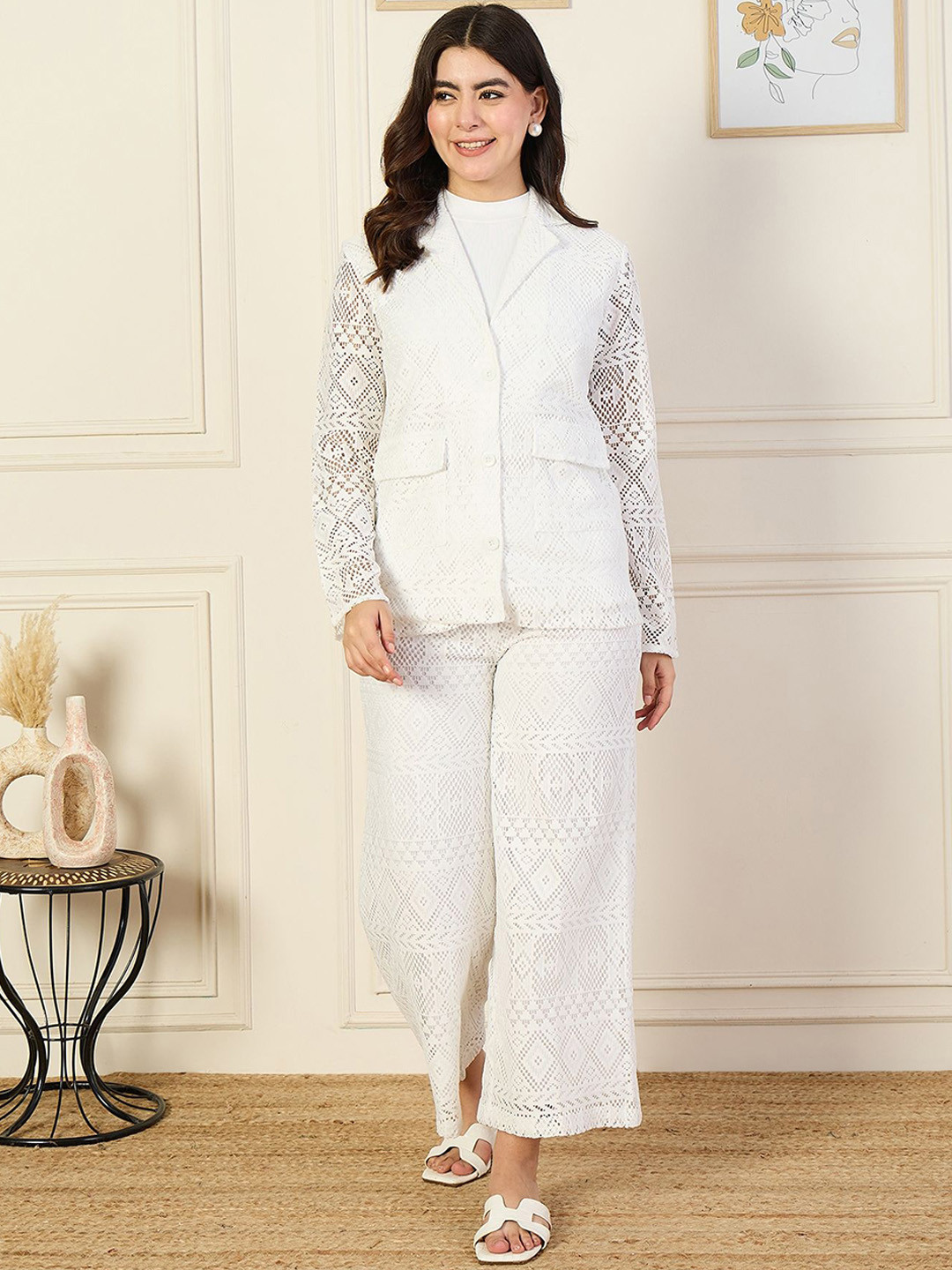 Rue Collection Self Design Lapel Collar Long Sleeves Pure Cotton Blazer With Trouser
