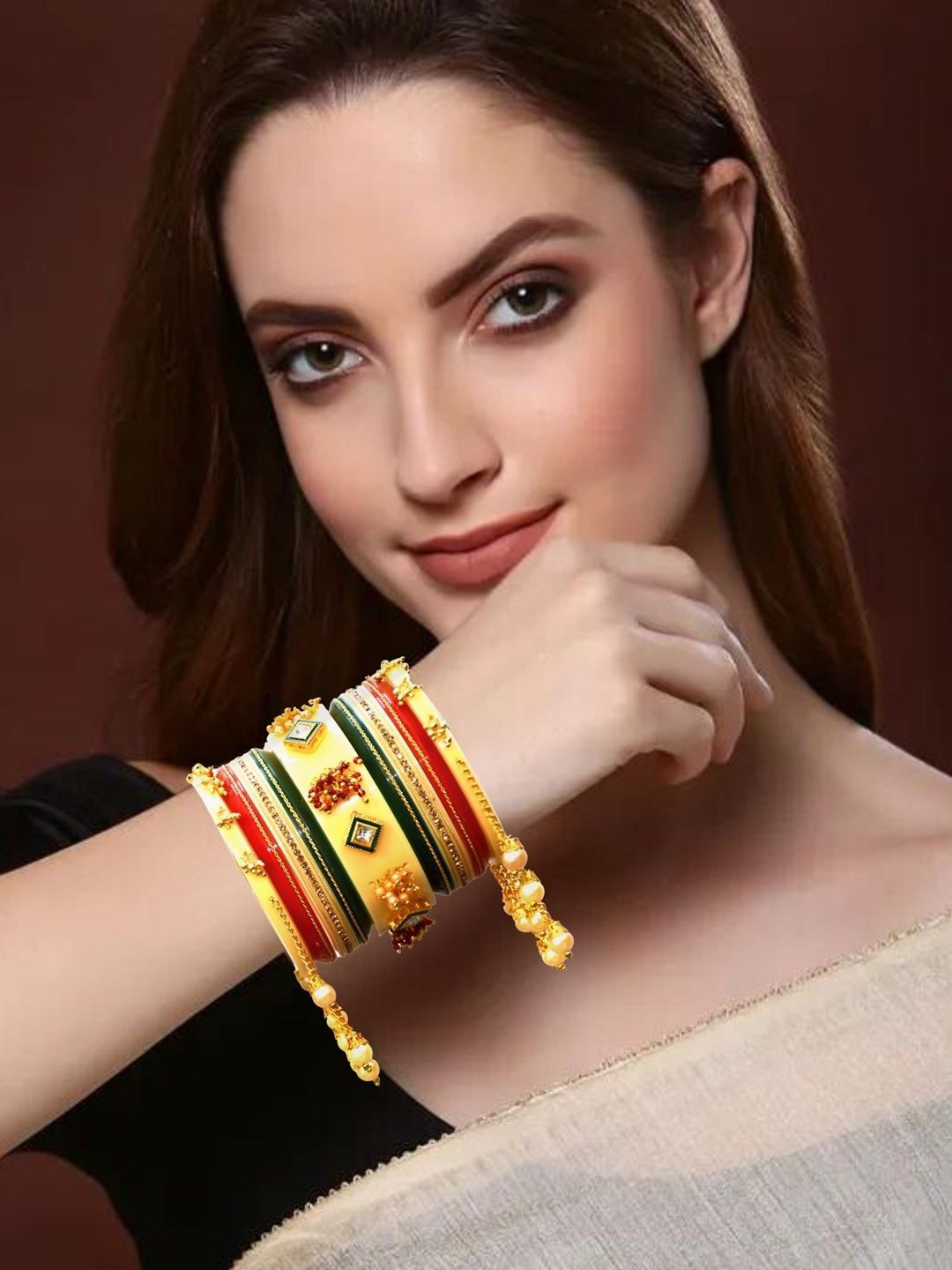 Zindura Set O f2 Gold-Plated Stone Studded & Beaded Chuda Bangles