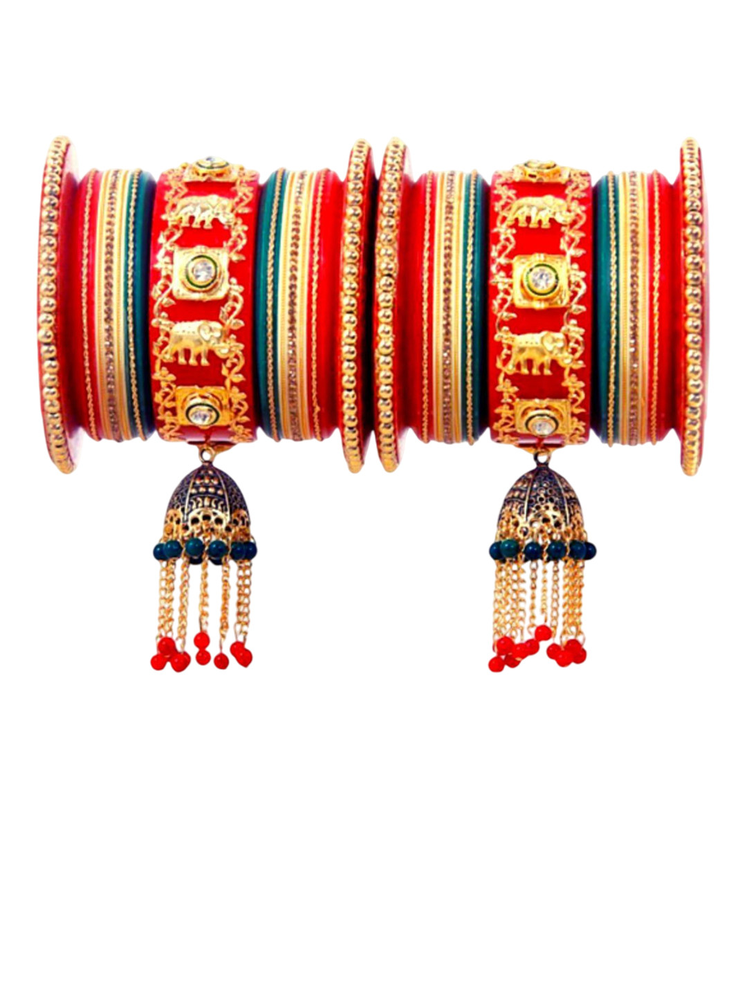Zindura Set Of 2 Gold-Plated Crysrtal-Studded & Beaded Chuda Bangles