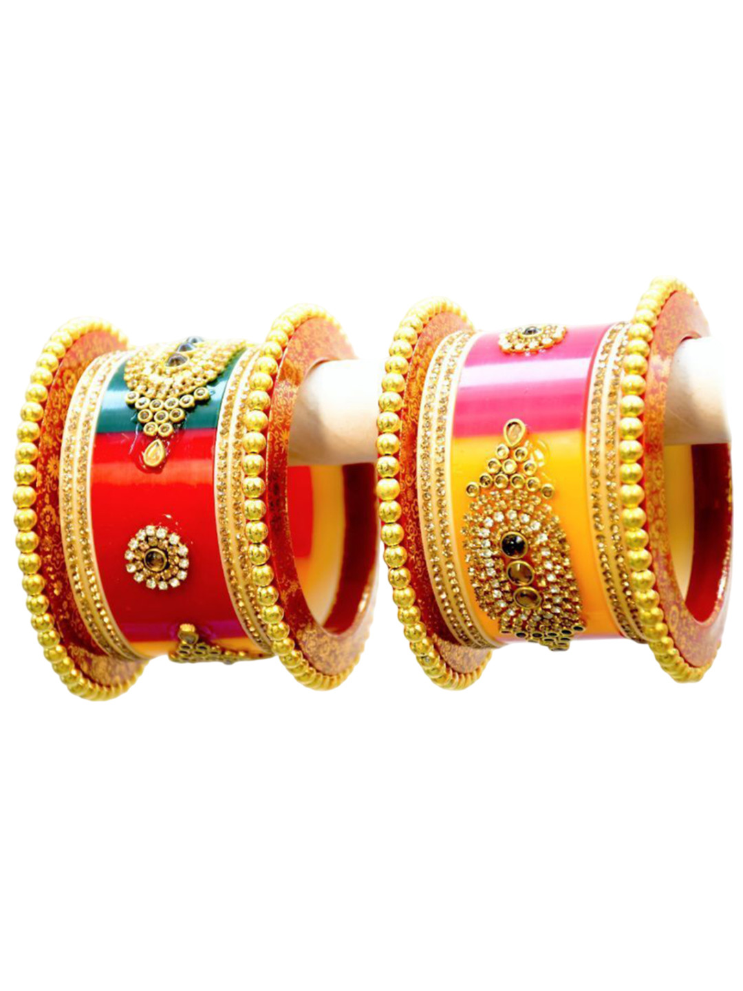 Zindura Set Of 4 Gold Plated Crystal Stone Studded & Beaded Bangles
