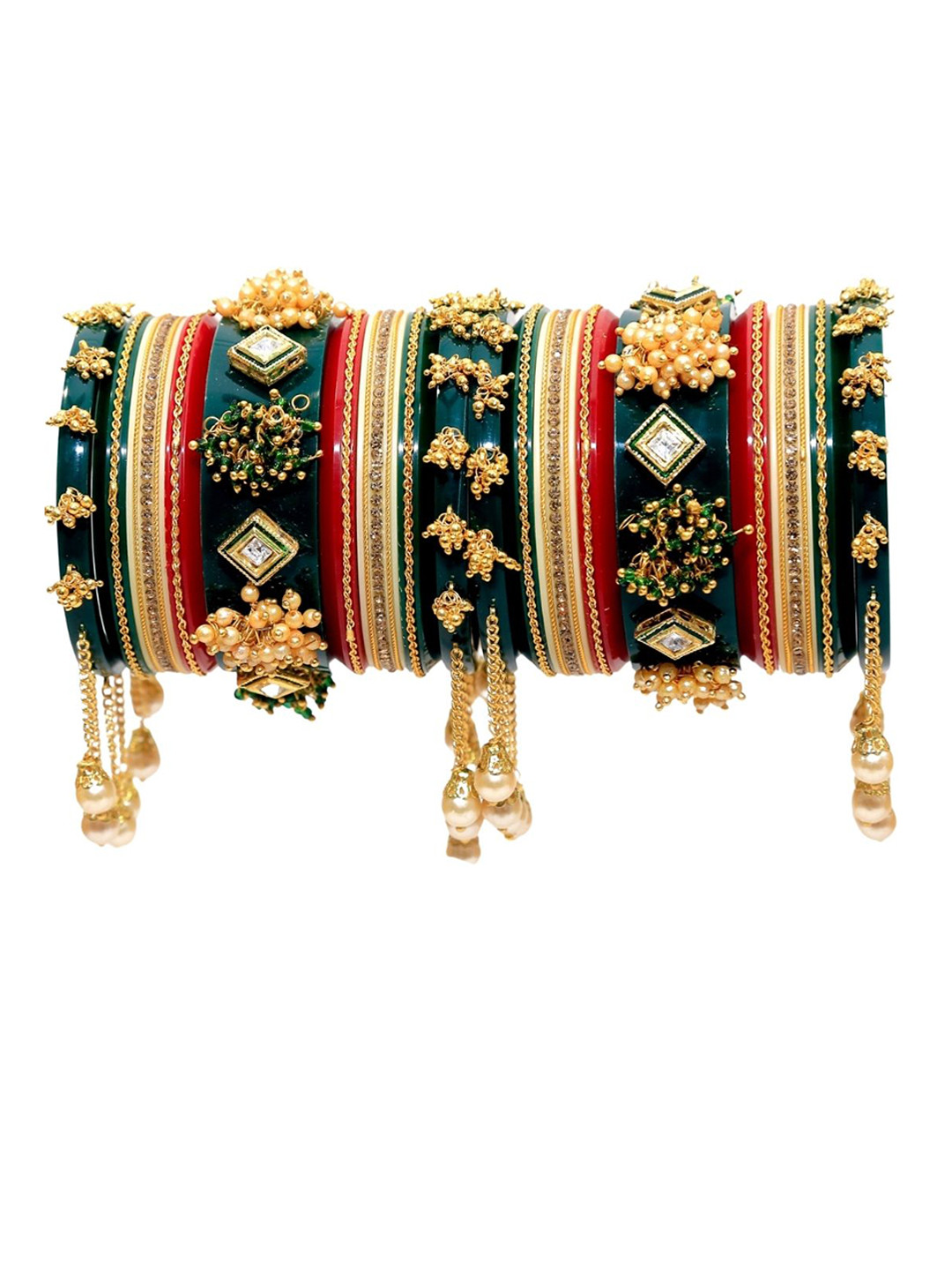 Zindura Set Of 10 Gold Plated Stone Studded & Pearl Beaded Bangles