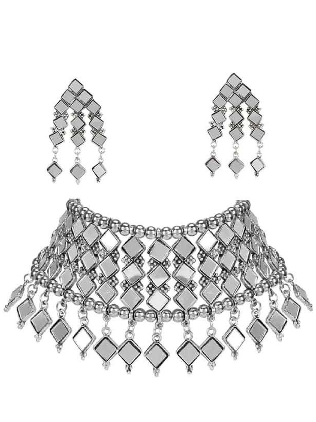 JMBW INTERNATIONAL Mirror Work Silver Jewellery Set