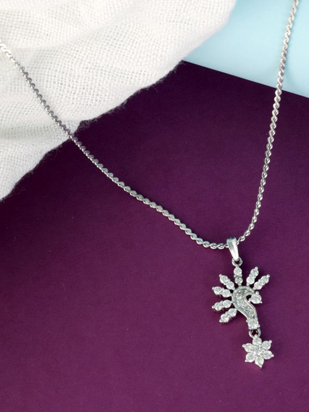 Tuanz Silver Jewelry Rhodium-Plated Sterling Silver Contemporary Cubic Zirconia Pendant