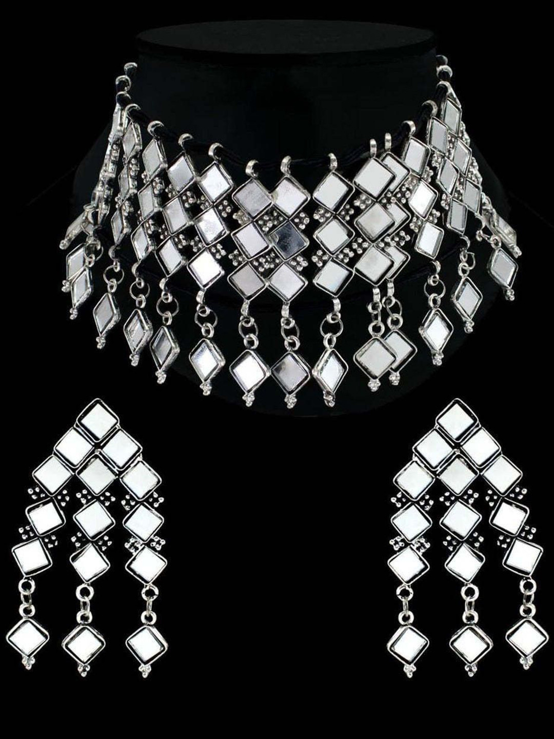 JMBW INTERNATIONAL Oxidised Silver-Plated Mirror Necklace & Earrings