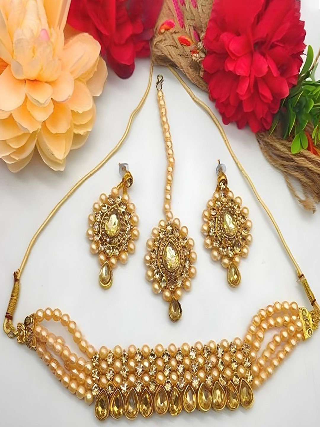 JMBW INTERNATIONAL Gold Plated Artificial Beads Chocker Necklace & Earrings