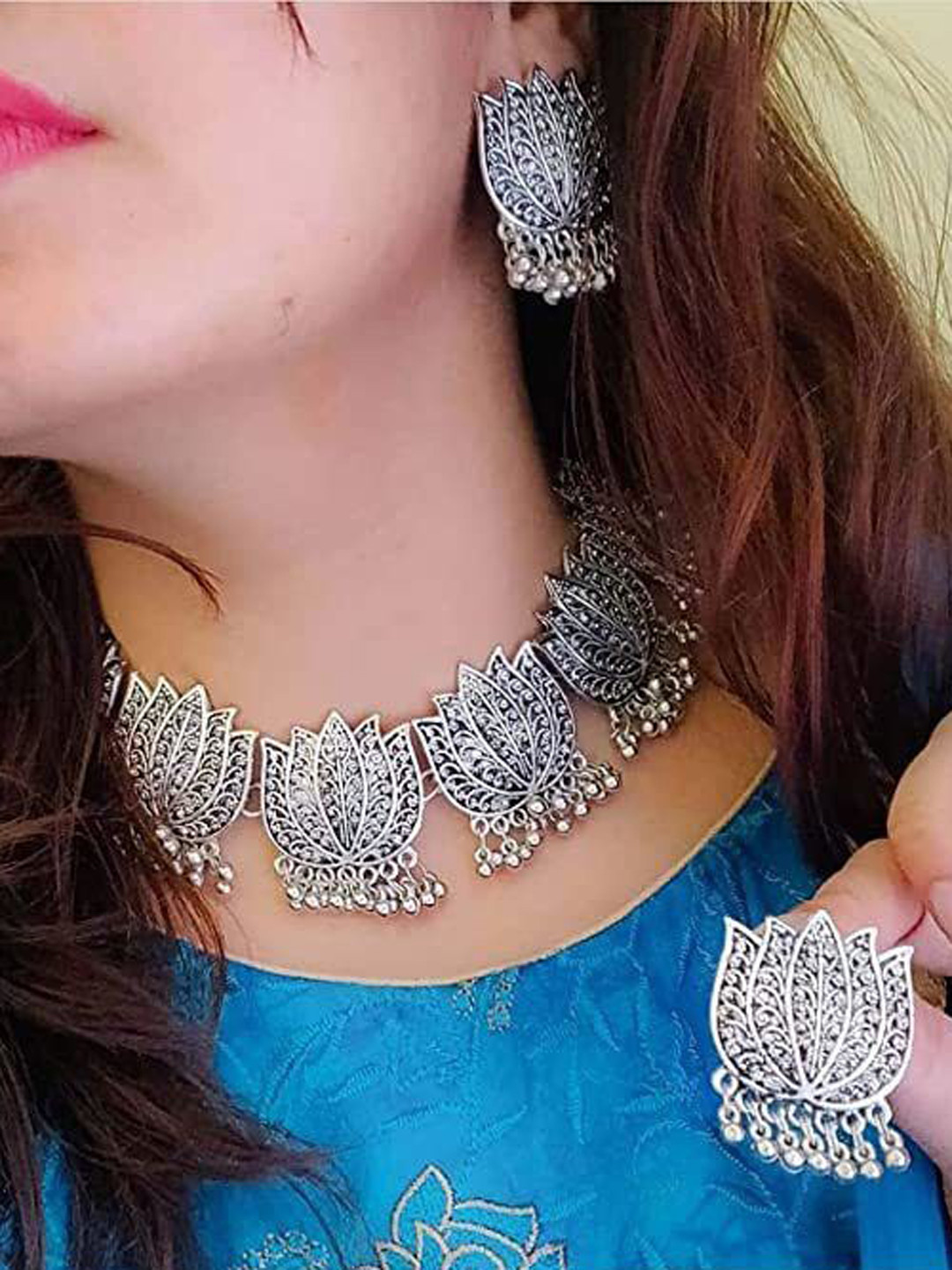 JMBW INTERNATIONAL Oxidised Lotus Shaped Necklace & Earrings