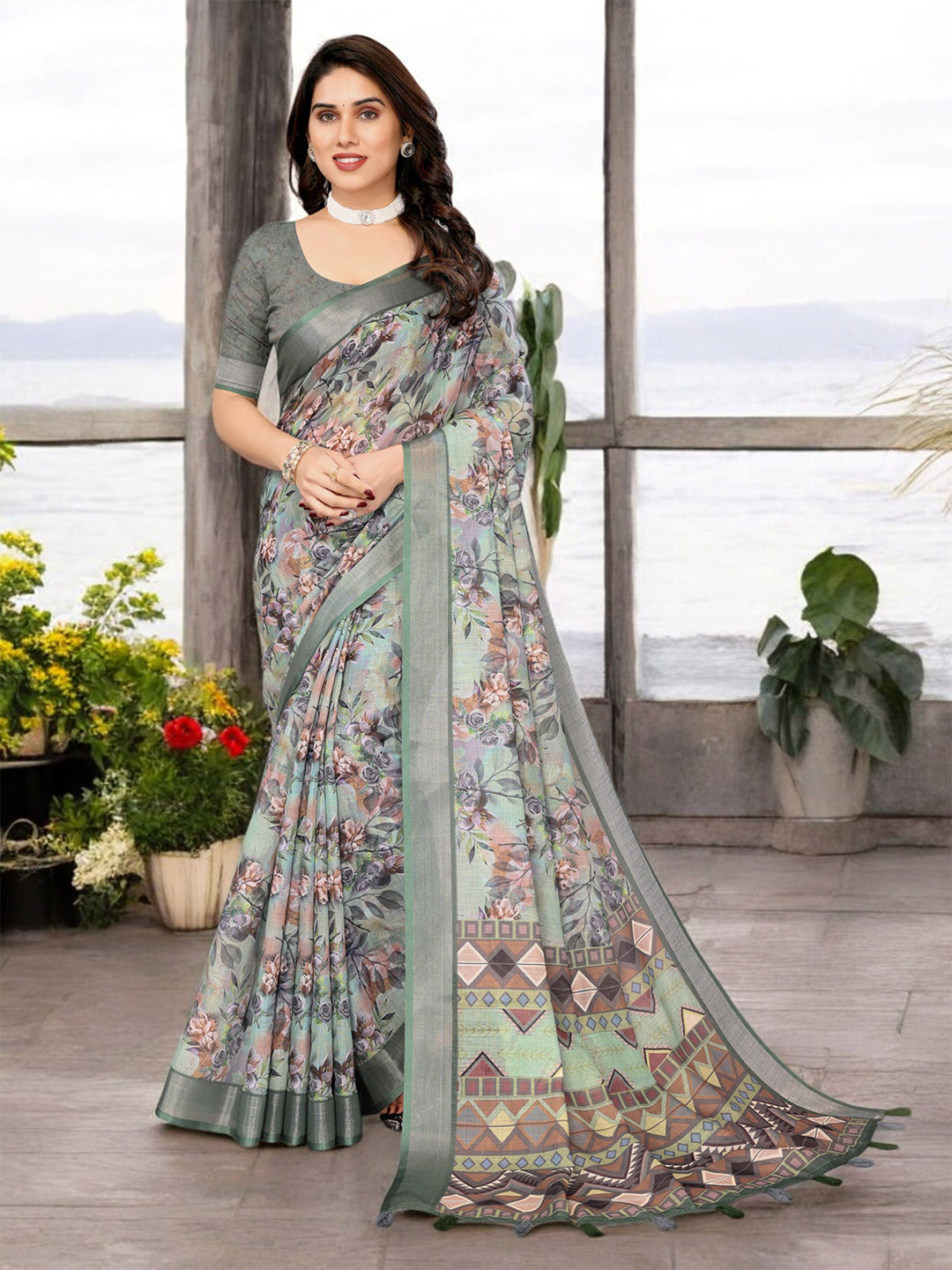 The Textile Hub Floral Pure Linen Saree