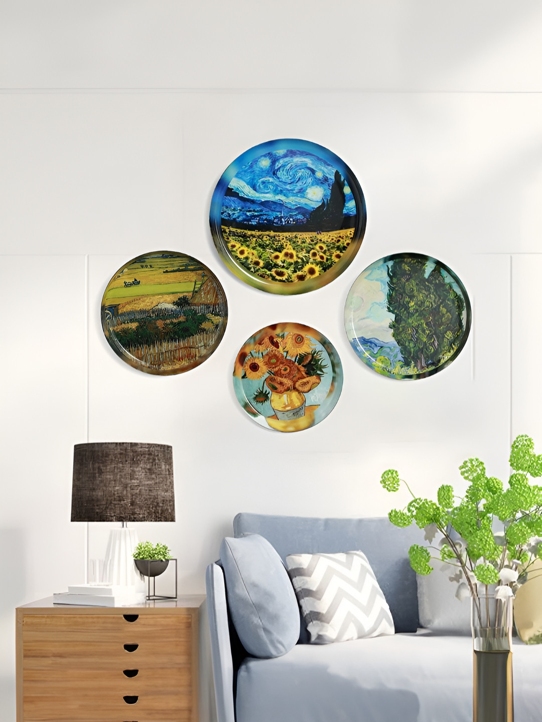 Homspurts Vincent Van Gogh Wall Plates Metal Floral Glossy Hanging Hall 4Pcs -12In