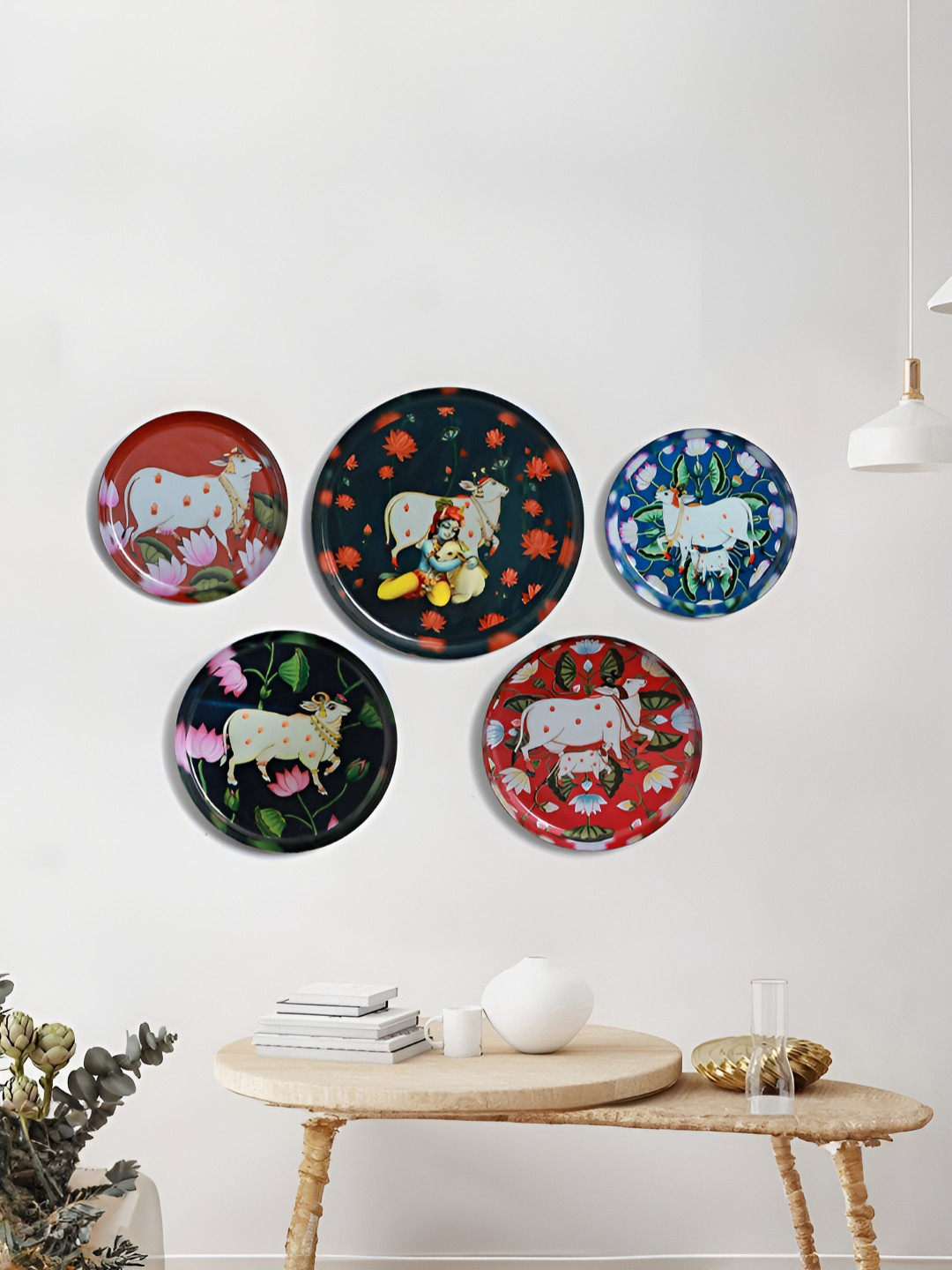 Homspurts Pichwai Art Metal Floral Hanging Hall 5Pcs Wall Plates-12In