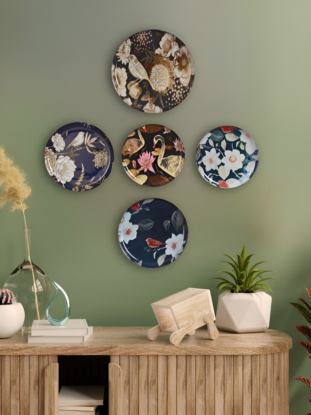 Homspurts Oriental Blooms Wall Plates Metal Floral Glossy Hanging Hall 5Pcs -10In