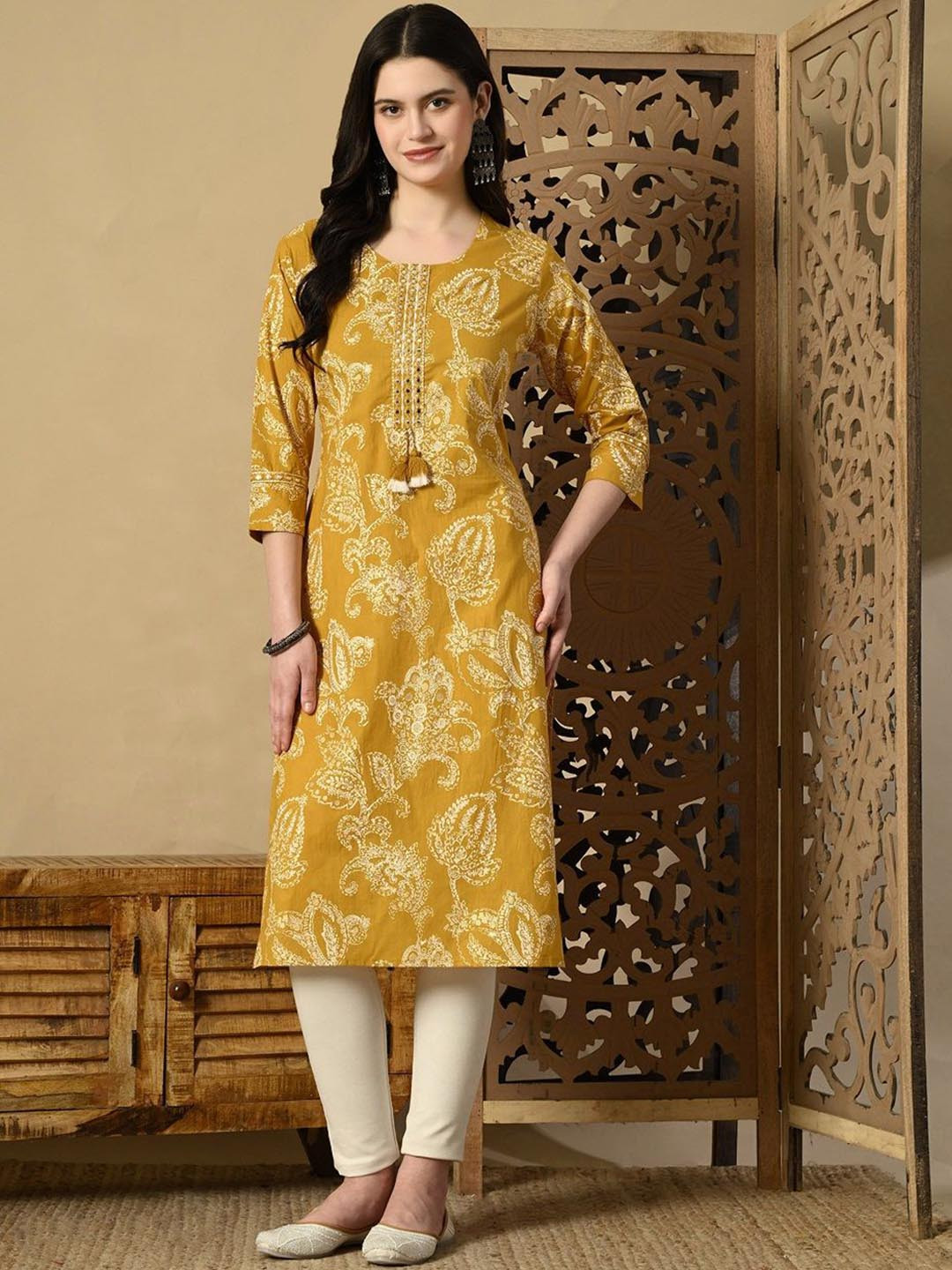KEOSA Floral Printed Mirror Work Cotton Straight Kurta