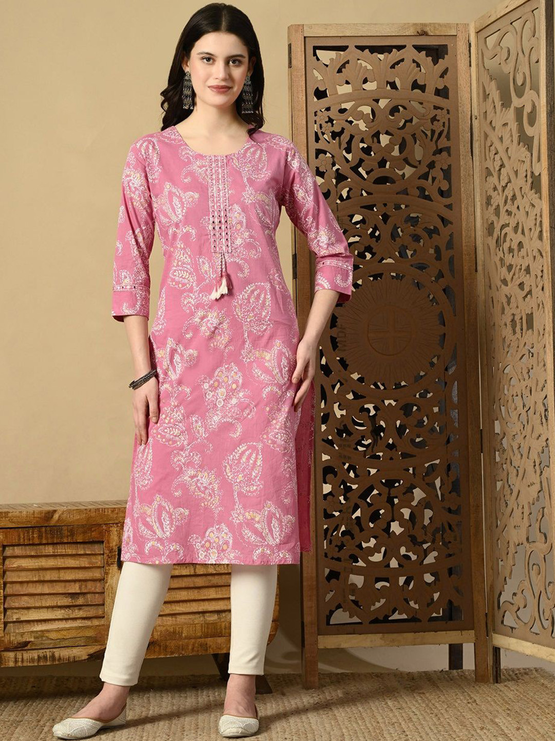 KEOSA Floral Printed Mirror Work Cotton Straight Kurta