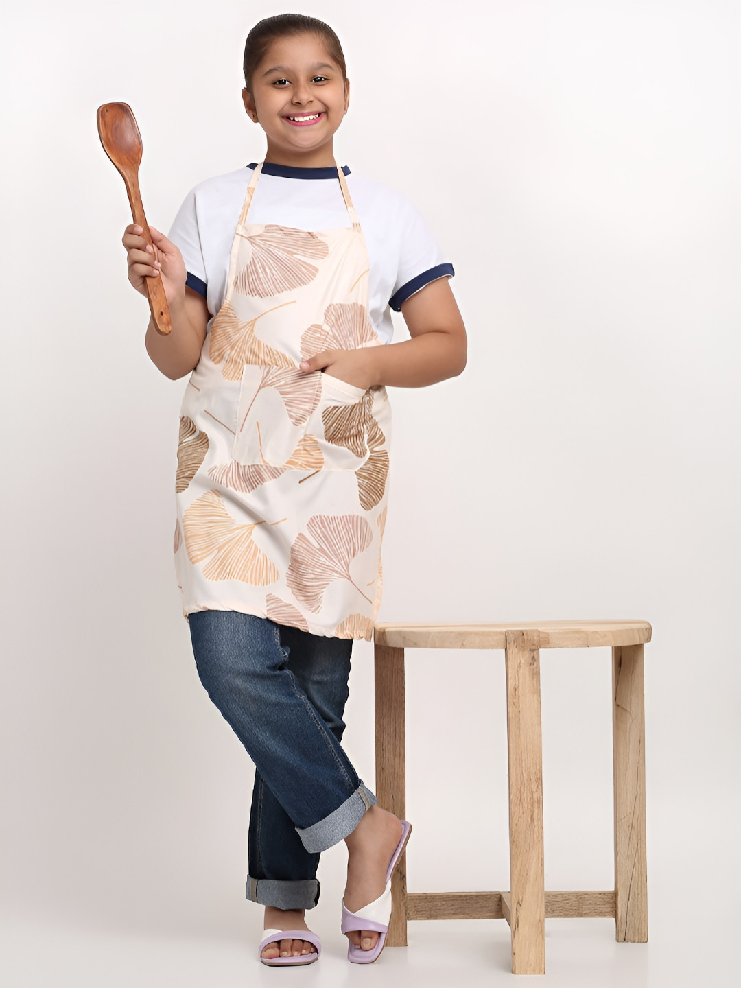 Arrabi Kids Cream Colored & Brown Printed Apron With Pockets