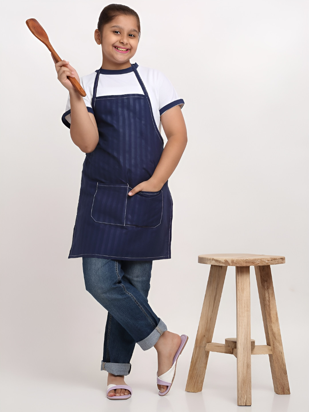 Arrabi Kids Navy Blue Striped Apron With 2 Patch Pockets