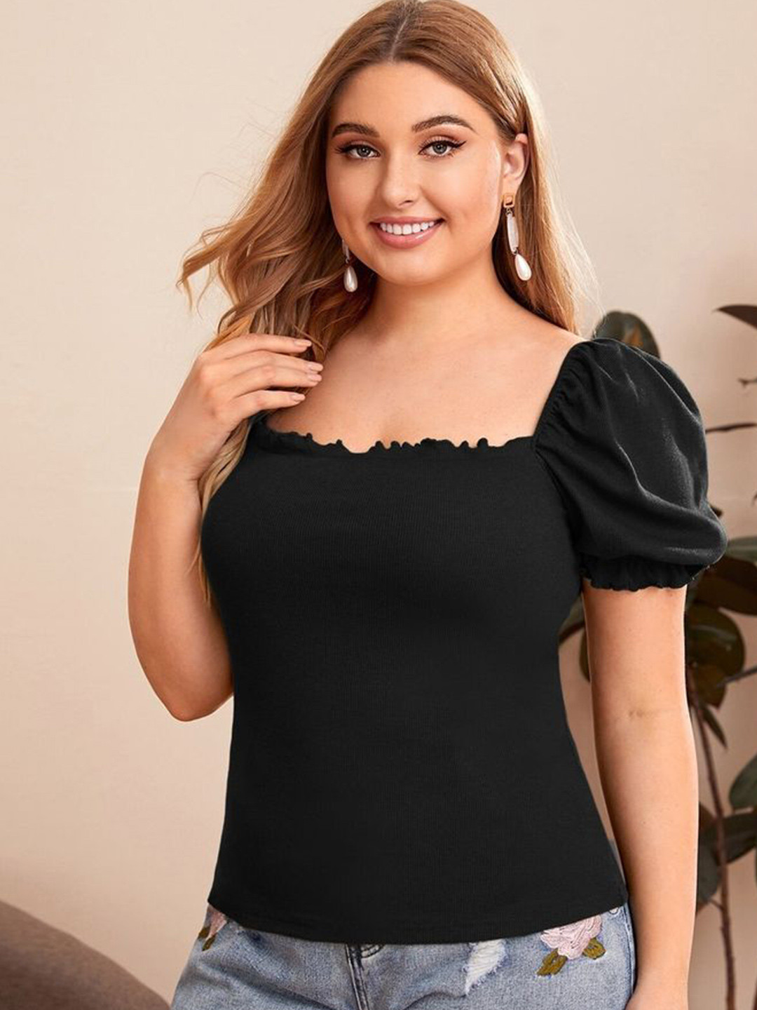 LULU & SKY Plus Size Puff Sleeve Fitted Top