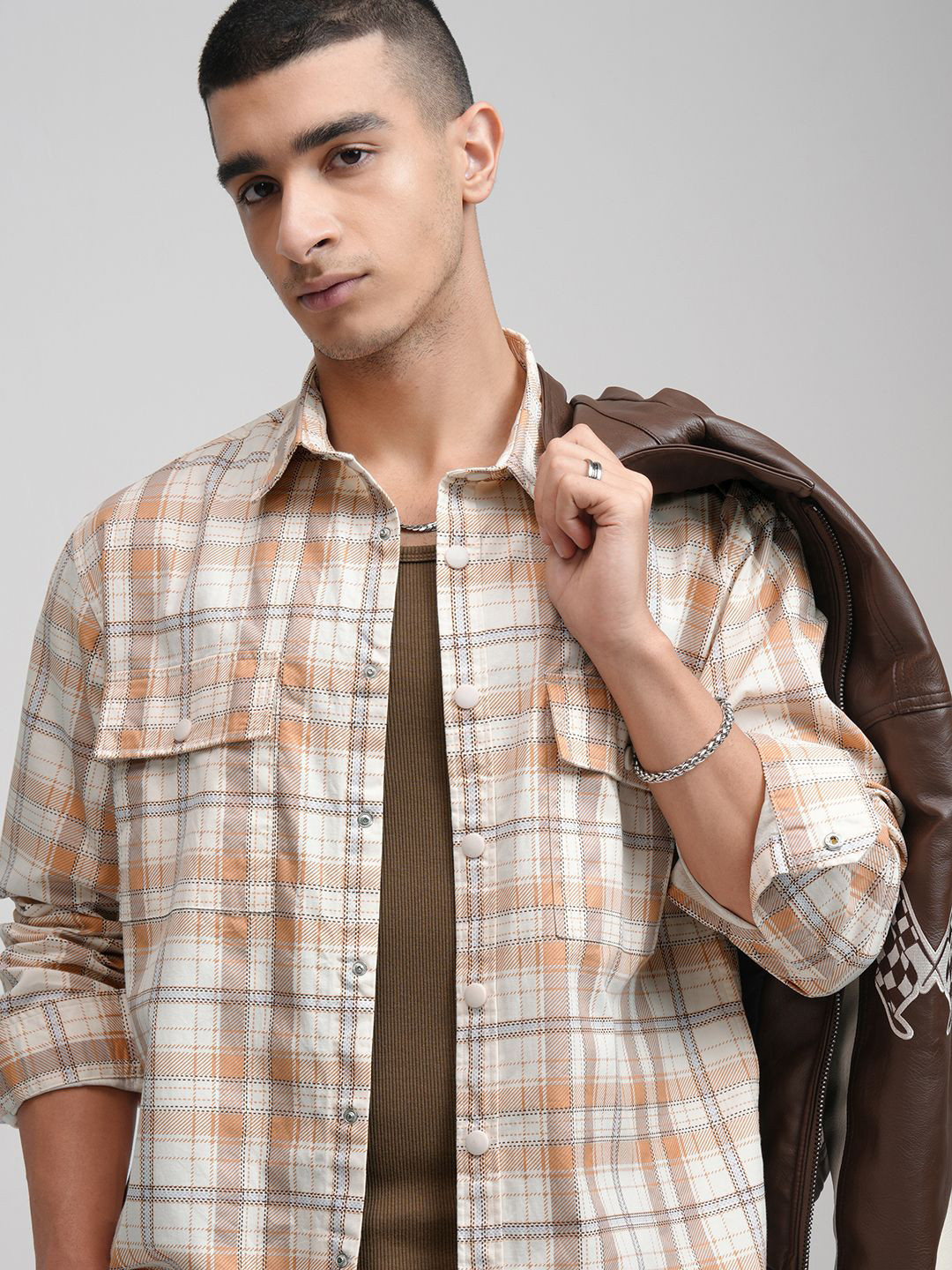 HIGHLANDER Men Printed Checked Stylized Pocket Oversized Overshirt