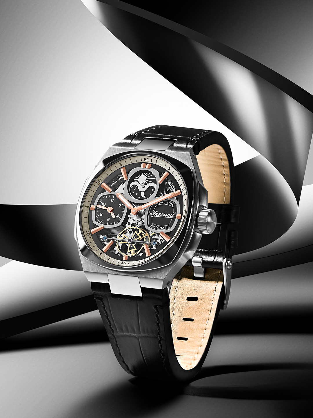 Ingersoll Men Textured Dial & Leather Straps Reset Time Analogue Automatic Watch I15801