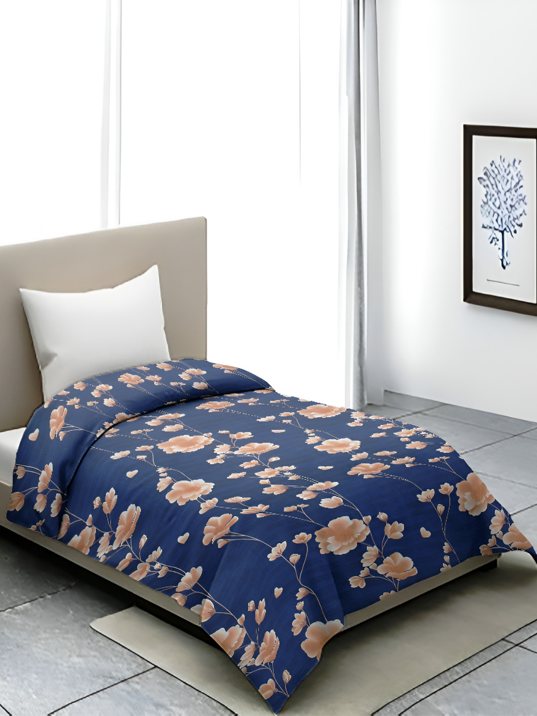 BELVOSTUM Navy Blue Floral Printed Cotton 250 TC Single Duvet Cover With Zipper