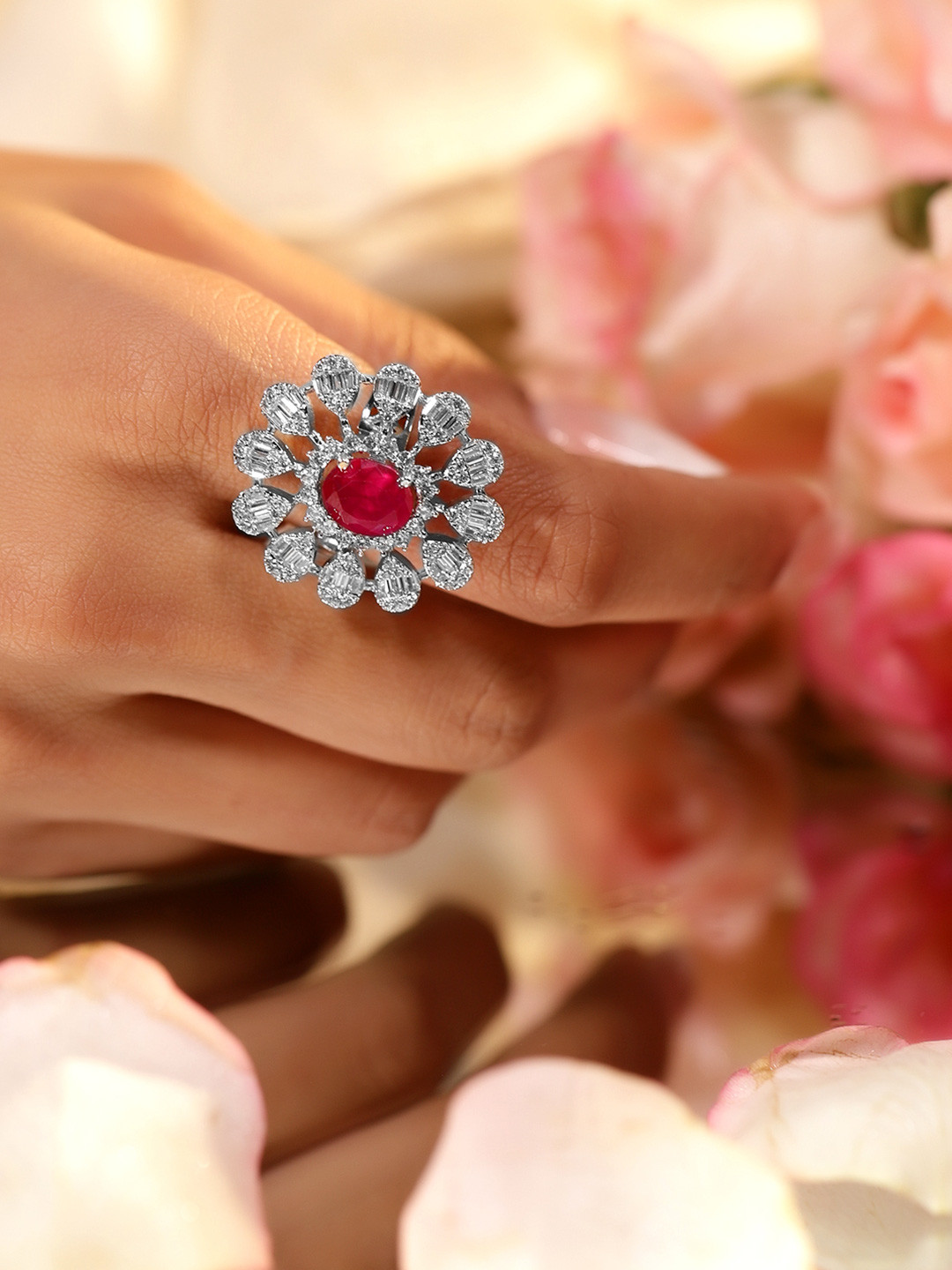 Rubans Rhodium-Plated Ruby Pink & Cubic Zirconia Studded Floral Adjustable Finger Ring