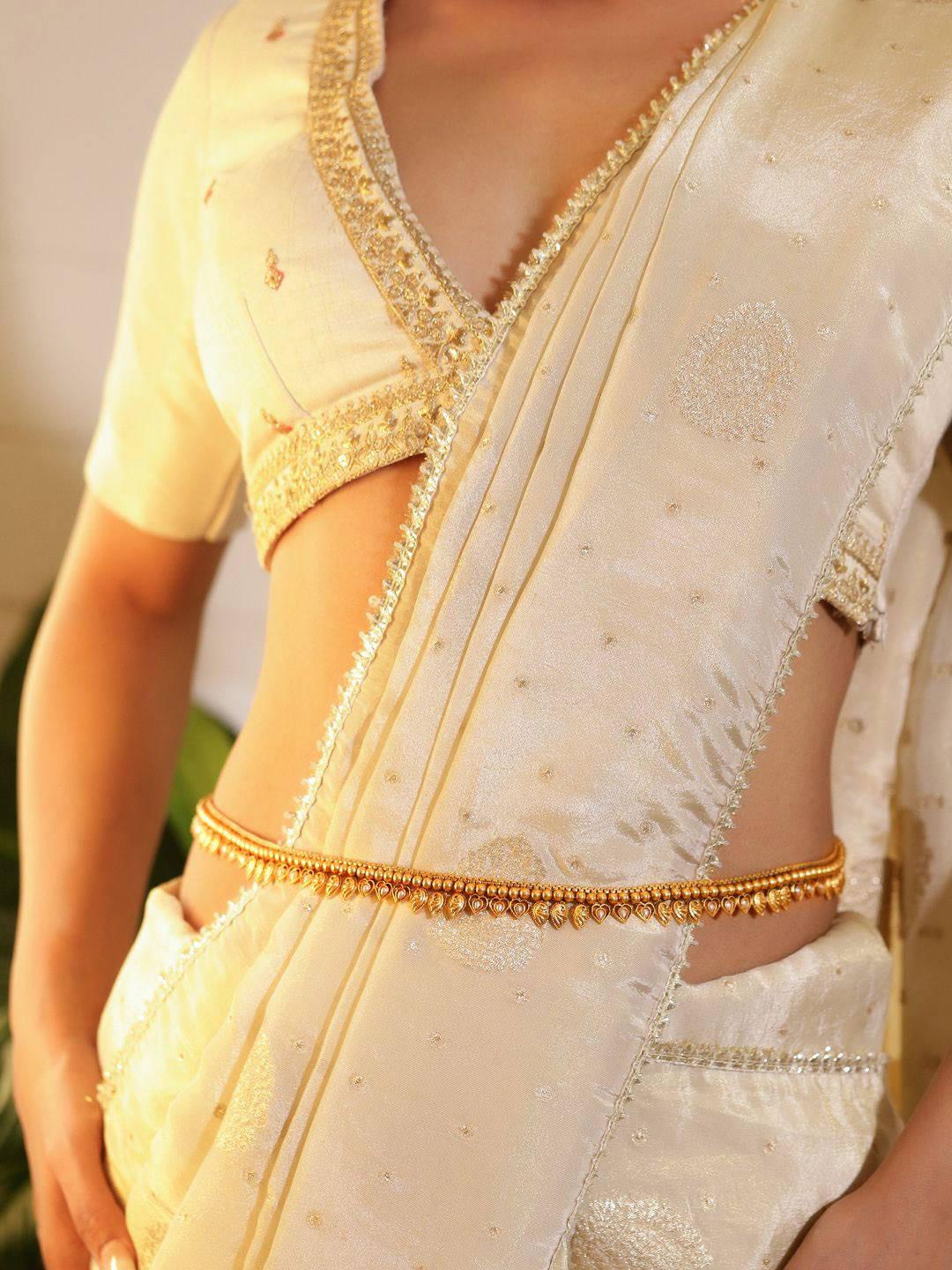 Rubans 22K Gold-Plated White Stones Studded Leaf Design Waist Chain Kamarbandh