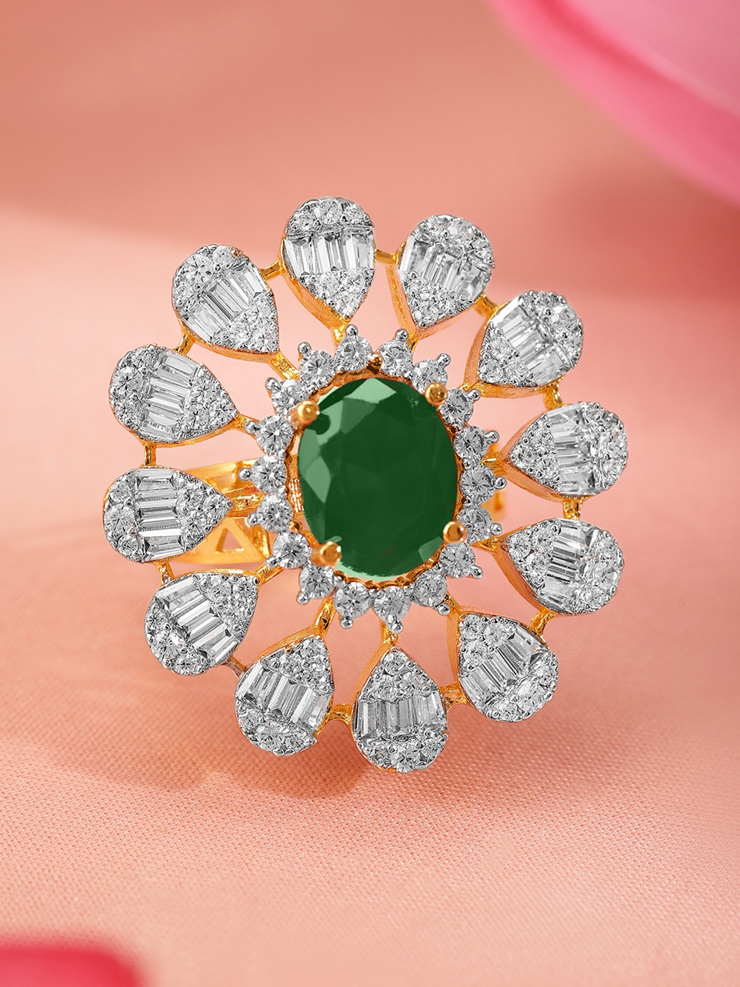 Rubans 22K Gold-Plated Emerald Green & Cubic Zirconia Studed Floral Adjustable Finger Ring
