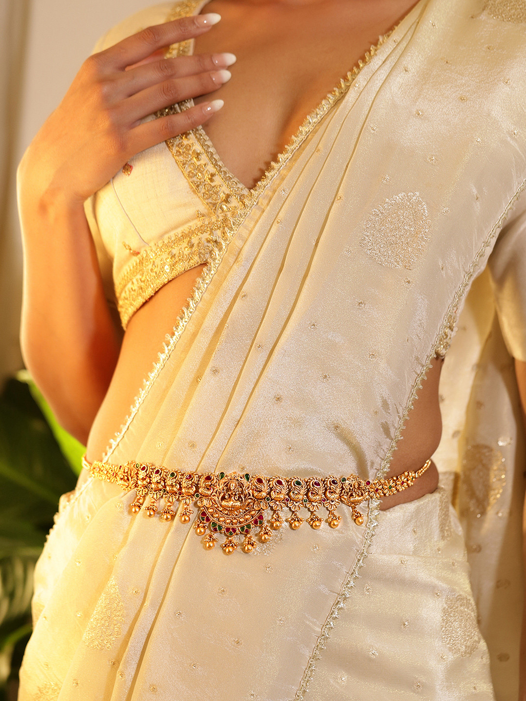 Rubans 22K Gold-Plated Ethnic Temple Waist Chain Kamarbandh with Red, Green & White Stones