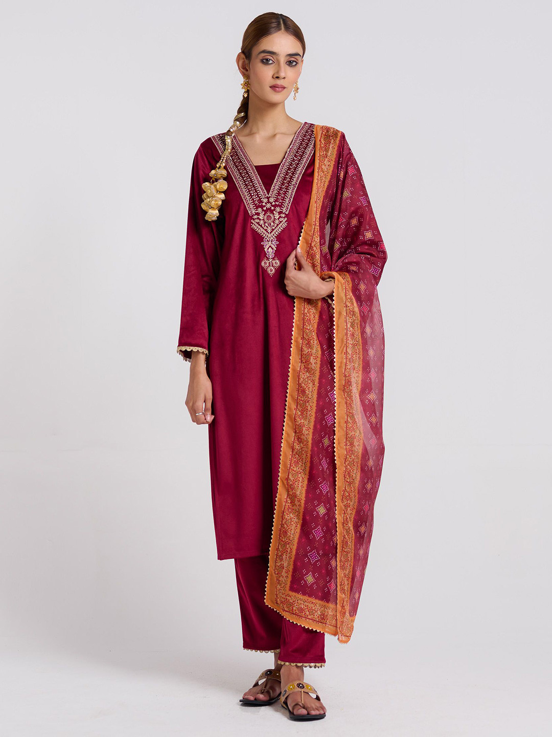Rustorange Zareen Floral Embroidered Regular Thread Work Velvet Kurta & Trousers & Dupatta