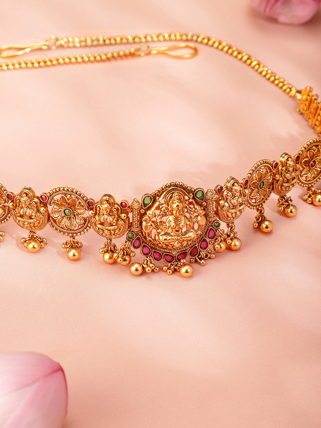 Rubans 22K Gold-Plated Ruby & Emerald Studded Lakshmi Motif Temple Waist Chain Kamarbandh