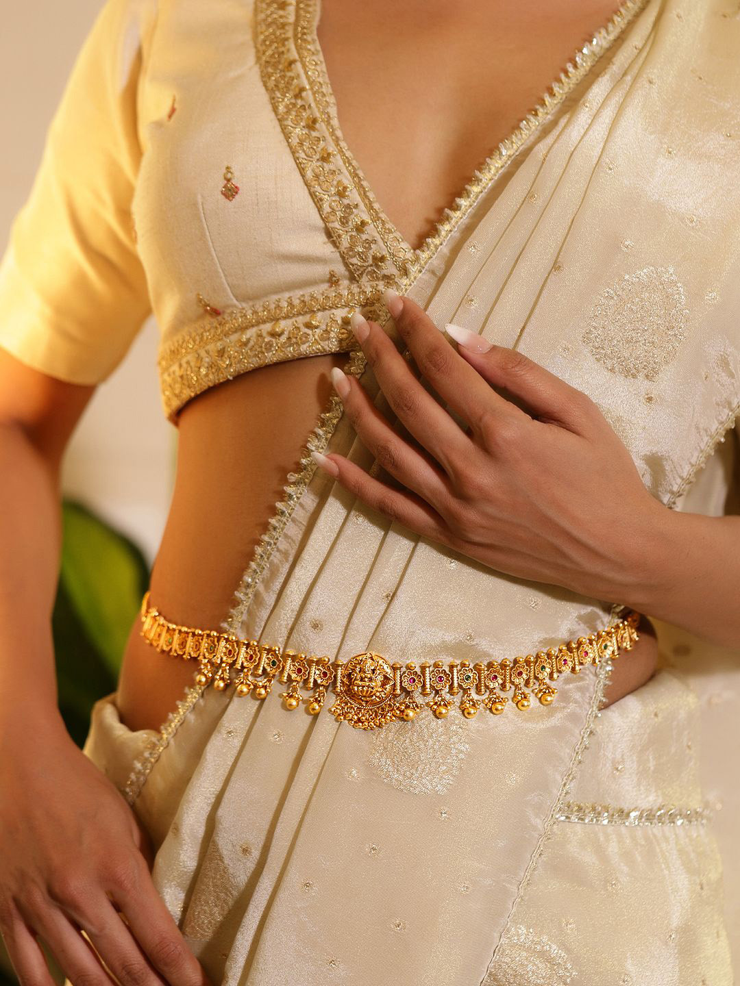 Rubans 22K Gold-Plated Emerald & Ruby Temple Waist Chain Kamarbandh with Golden Ball Drops