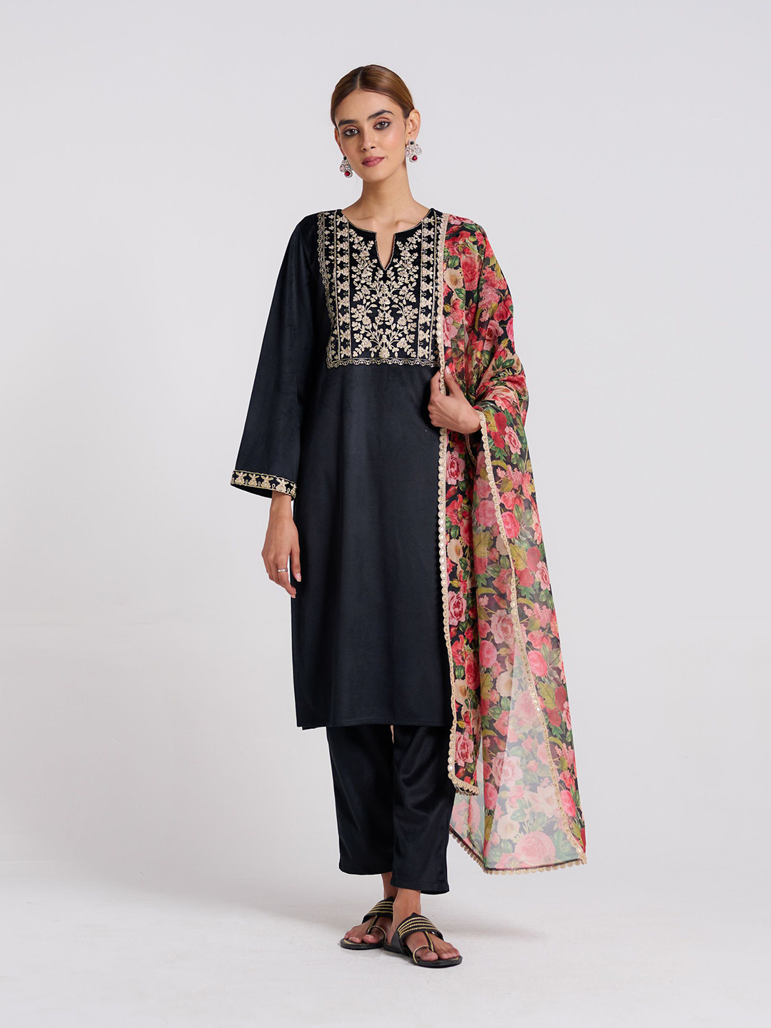 Rustorange Phulwari Floral Embroidered Regular Thread Work Velvet Kurta & Salwar & Dupatta
