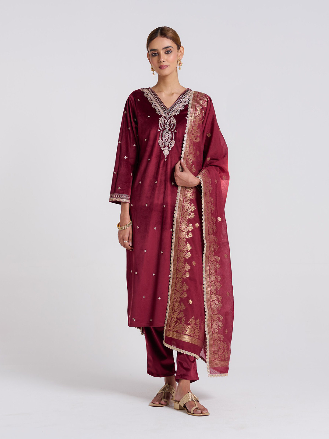 Rustorange Varak Paisley Embroidered Regular Thread Work Velvet Kurta & Salwar & Dupatta