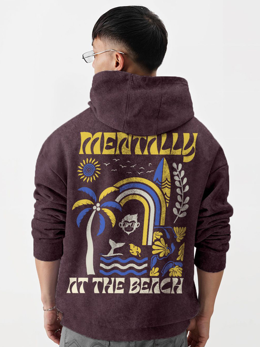 Crazymonk Men Printed Beach Vibes Oversized Hooded Sweatshirt