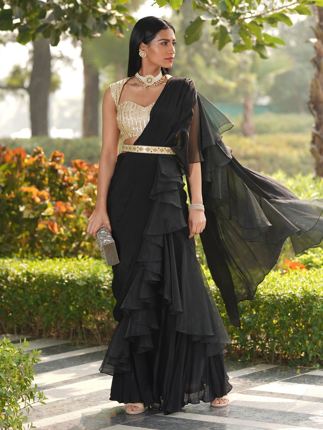 Rashika Sharma Mirror Work Pure Chiffon Ruffles Party Saree