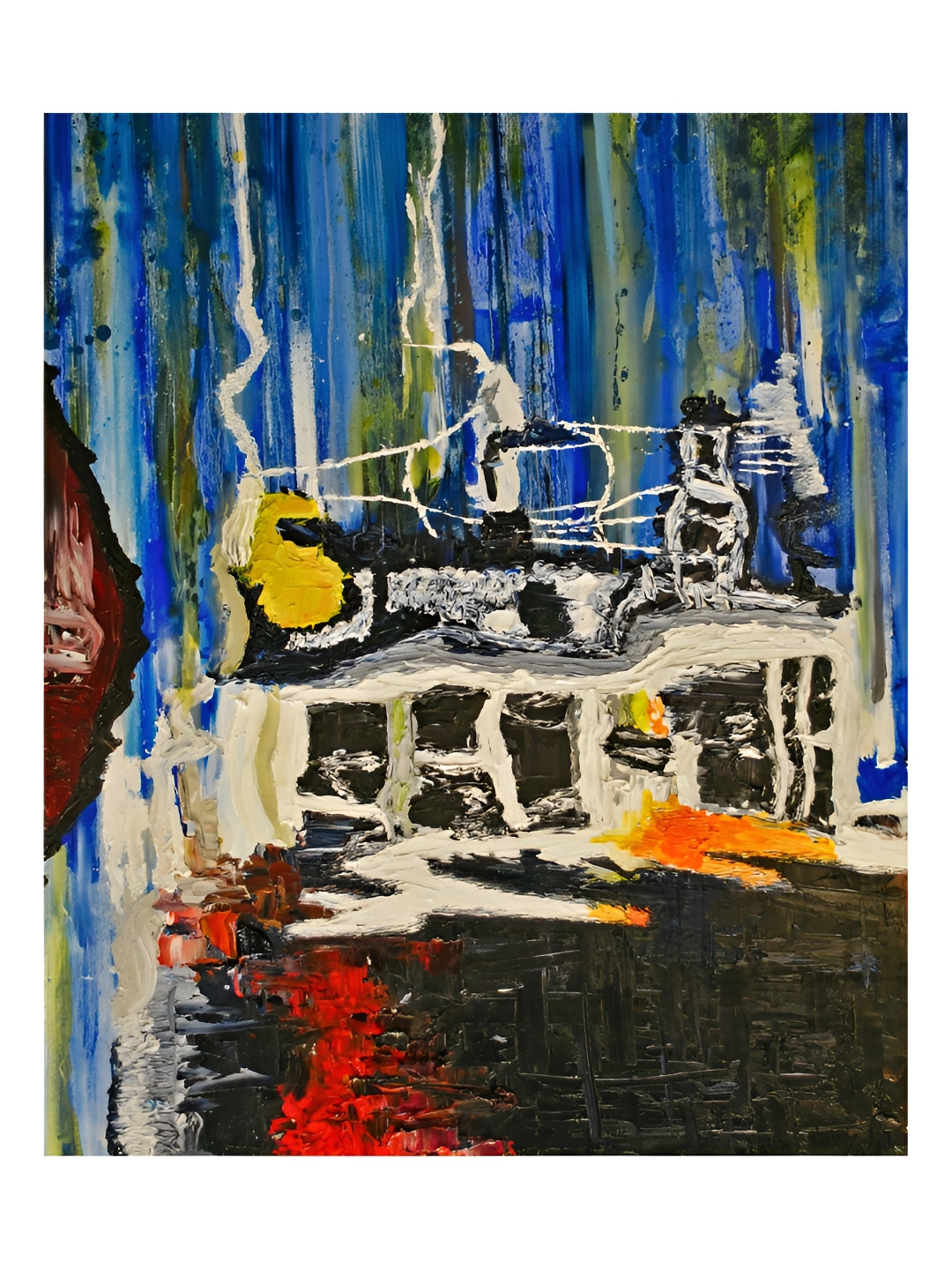 Inephos Blue & Maroon Watered Down Canvas Wall Painting