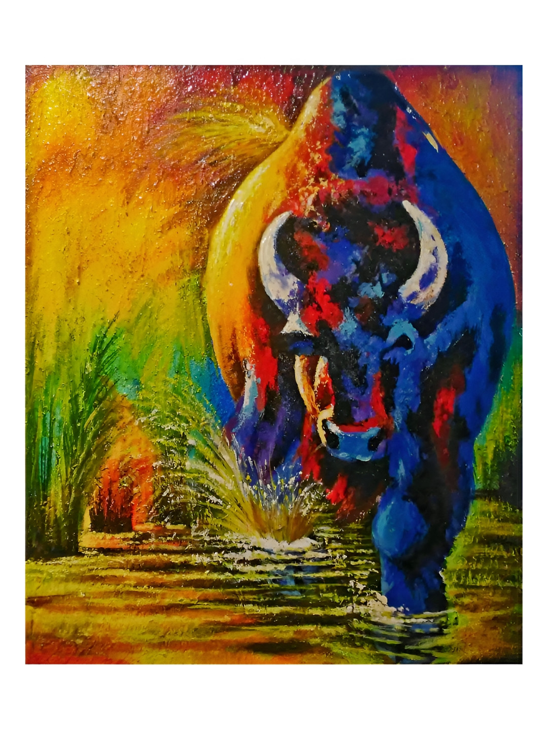 Inephos Brown & Green Bull Printed Canvas Wall Painting