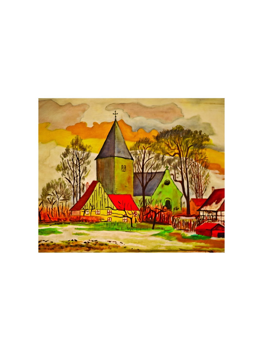 Inephos Brown & Yellow Village Church Canvas Wall Painting