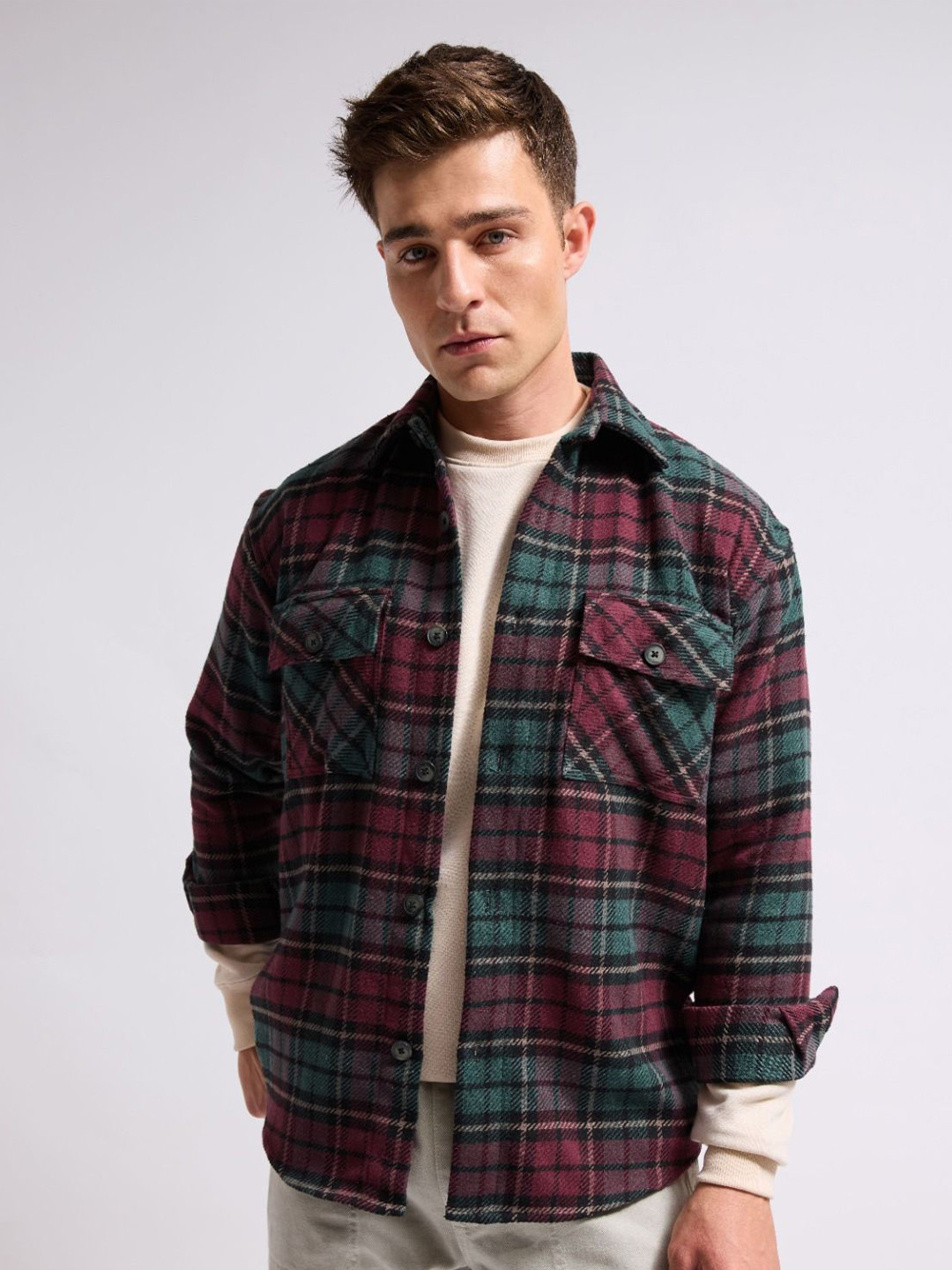 MISCHIEF MONKEY Men Classic Spread Collar Tartan Checked Cotton Boxy Casual Shirt