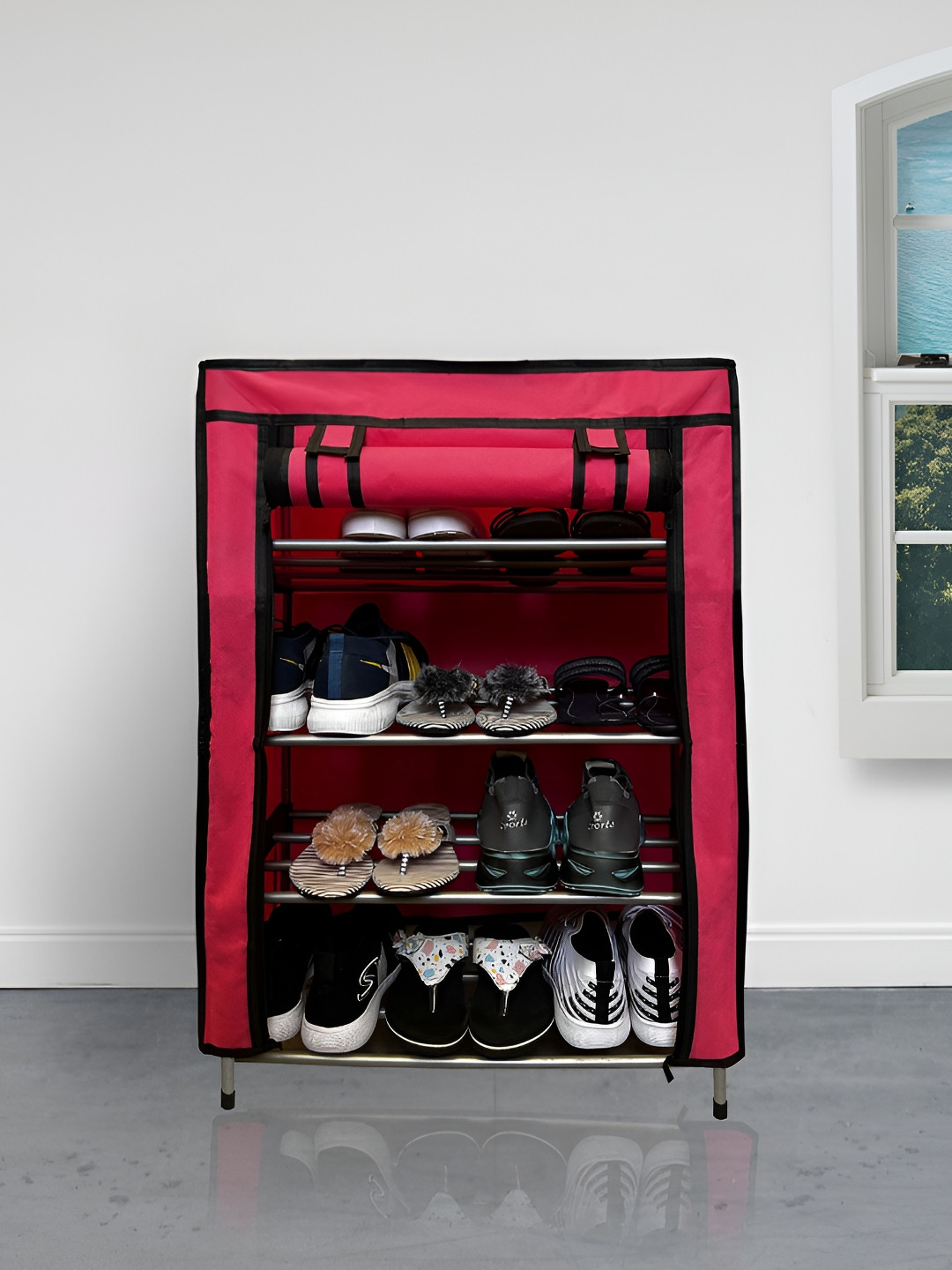 Urban Choice Pink and Black Metal 4-Layers Collapsible Shoe Rack